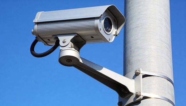 Outdoor cctv surveillance camera mounted on pole against clear blue sky for security