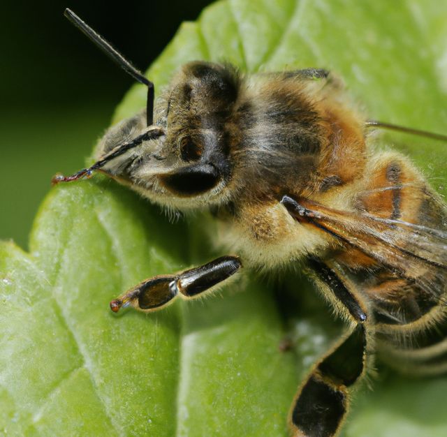 This close-up of a bee resting on a green leaf highlights the intricate details of the insect, including its wings, antennae, and fuzzy body. It is perfect for projects related to nature, entomology, and pollination. Ideal for use in educational materials, scientific articles, and environmental campaigns.