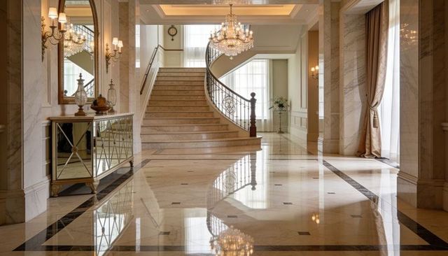 Grand curved marble staircase with crystal chandelier reflecting on polished foyer floor