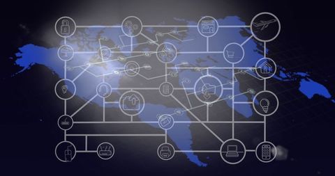Global Network of Digital Icons Over World Map