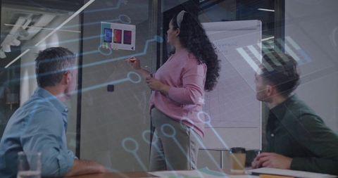 Woman presenting ui mockups with digital circuit overlay