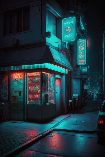 Building, neon lights with texts and city street created using generative ai technology. Cityscape, color and light concept digitally generated image.