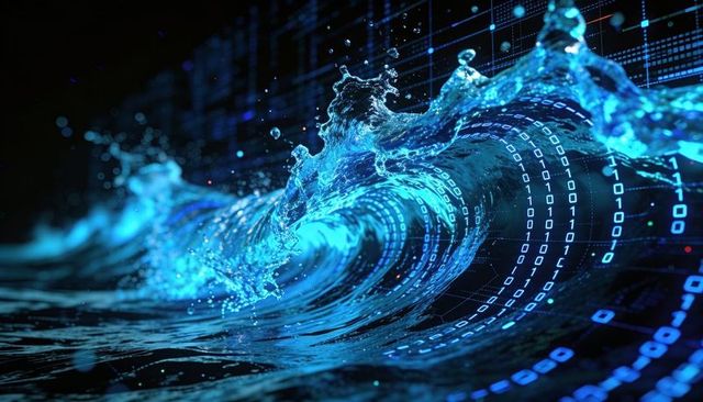 Surging digital data wave curling across neon ocean of binary streams and network grid