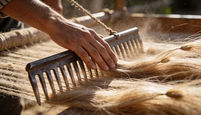 Artisan combing flax fibers on wooden frame in sunlit farmyard for linen production