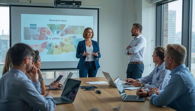 Confident woman presenting pitch deck to engaged corporate team in modern urban boardroom