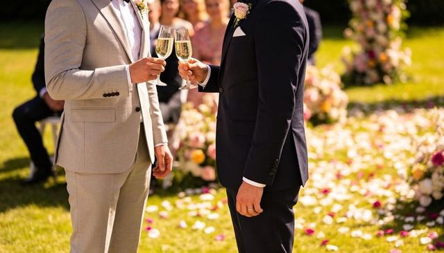 Same-sex grooms toasting champagne flutes at sunlit outdoor garden wedding ceremony
