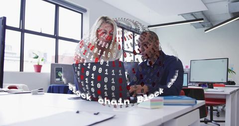 Business team discussing blockchain technology with holographic binary sphere