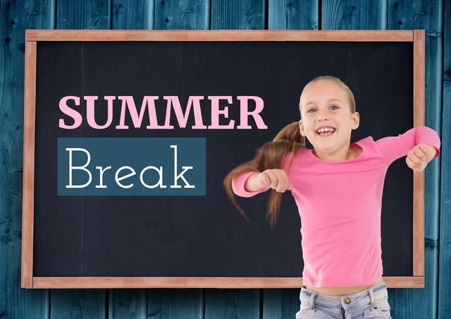 Image of a cheerful young girl jumping in front of a blackboard with 'Summer Break' text. Ideal for use in educational materials, online content celebrating the end of the school year, summer camp promotions, and vacation-related advertisements.