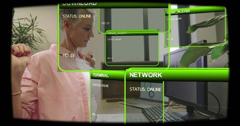 Woman stretching at desk with futuristic network hud overlay showing productivity metrics
