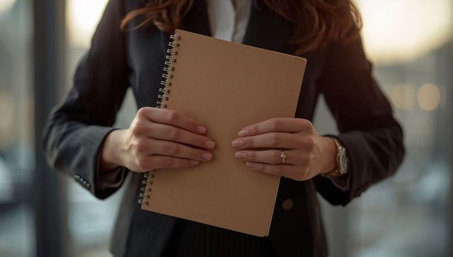 Female executive holding spiral notebook wearing engagement ring and watch in office lobby