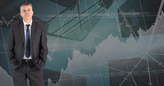 Confident businessman standing in front of financial charts. Ideal for business or finance articles, presentations, and marketing materials related to stock markets, financial planning, corporate strategies, and economic analysis.