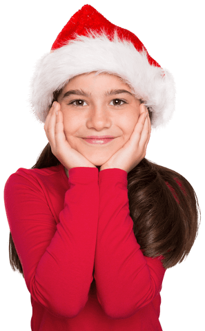 Festive Cheerful Girl in Santa Hat Over White Transparent Background