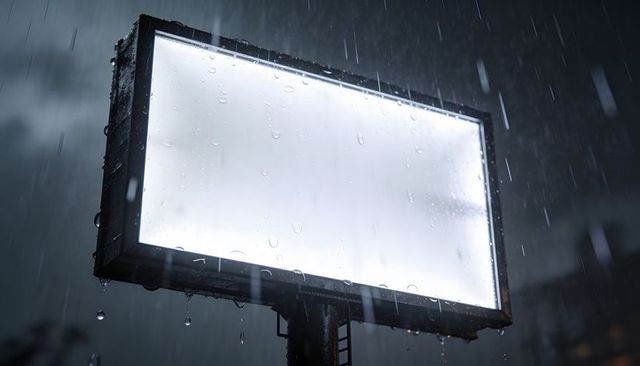Glowing blank billboard standing in heavy rain at night with raindrops and ladder