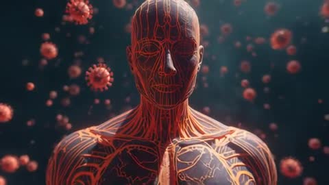 CGI Human Anatomy Revealing Vascular Network Amidst Floating Virus Particles