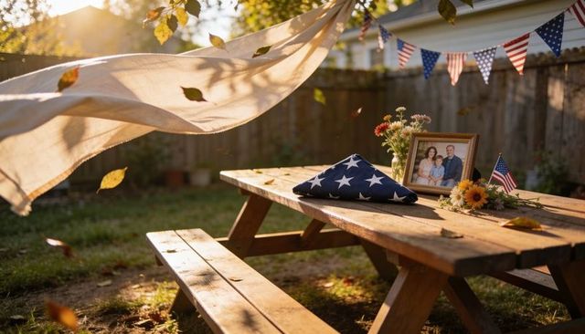 Folded american flag and family portrait on sunlit backyard picnic table for memorial tribute
