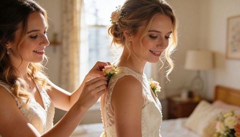 Bridesmaid pinning boutonniere on smiling bride wearing lace dress sunlit room