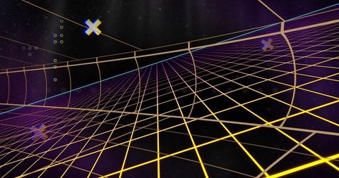 Futuristic Neon Grid Tunnel with Floating Shapes