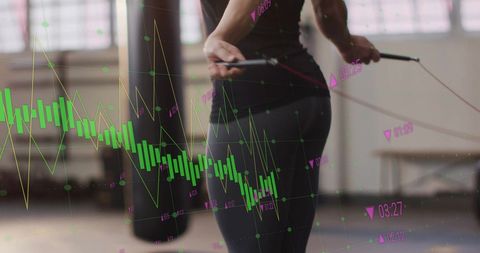 Stock Market Analysis Superimposed as Person Exercises in Gym
