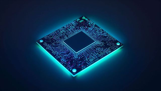 Glowing microchip on futuristic circuit board with neon traces