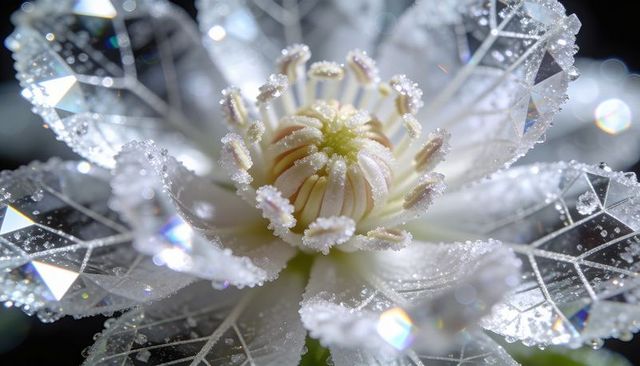 Glistening white blossom revealing frosted pistils and crystal-prism dew in studio macro