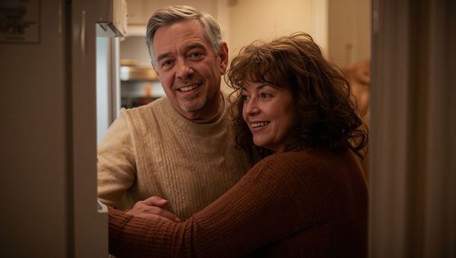 Middle-aged couple sharing warm moment at open fridge in cozy kitchen wearing knit sweaters