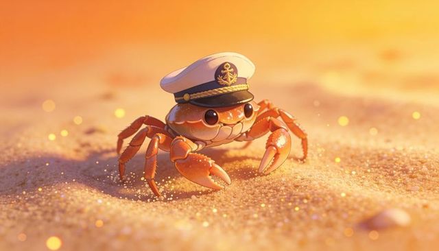 Captain crab wearing nautical hat on golden sand at sunset, whimsical seaside character