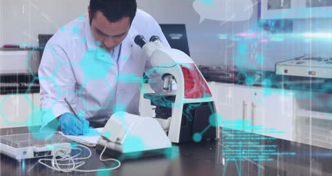 Scientist Analyzing Data with Microscope in Laboratory