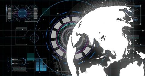 White Globe Receiving Data Feed with Futuristic HUD Rings and Neon Grid Visualization