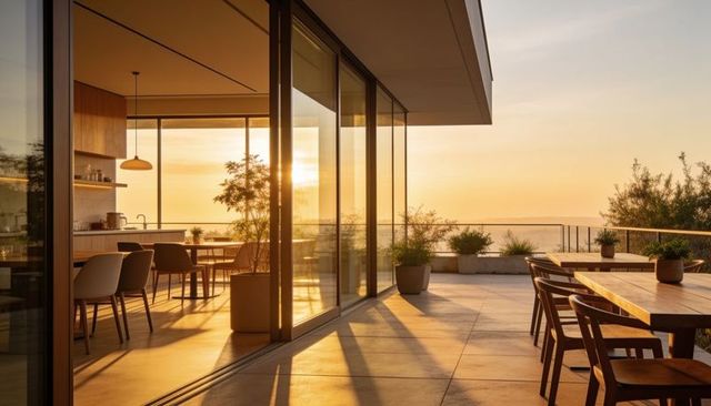 Golden hour rooftop terrace and modern kitchen connected by reflecting sliding glass panels
