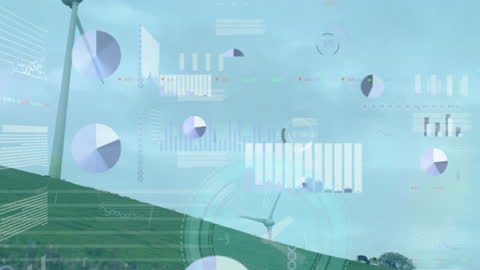 Infographic Data Interface with Wind Turbines on Grassy Hill