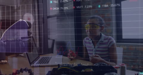 Young Girl Coding and Filming with Data Visualization Overlay