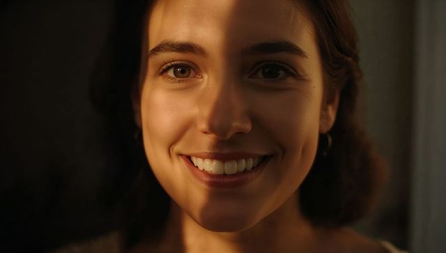 Smiling woman showing dimples and bright teeth under warm side light, closeup portrait