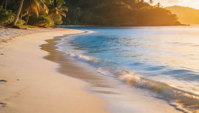 Golden sunset bathing tropical cove with turquoise waves lapping palm-lined shoreline
