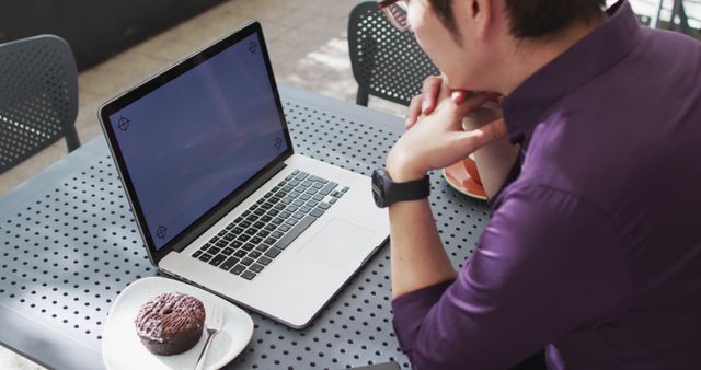 Man Having Virtual Meeting with Laptop in Café - Download Free Stock Images Pikwizard.com