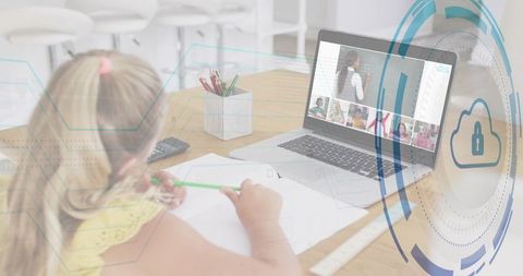 Girl writing at home attending virtual classroom on laptop with cloud security overlay