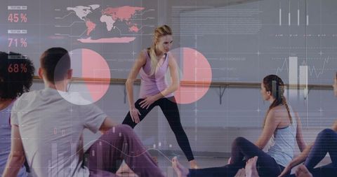 Personal Trainer Leading Yoga Session with Analytics Overlay in Studio