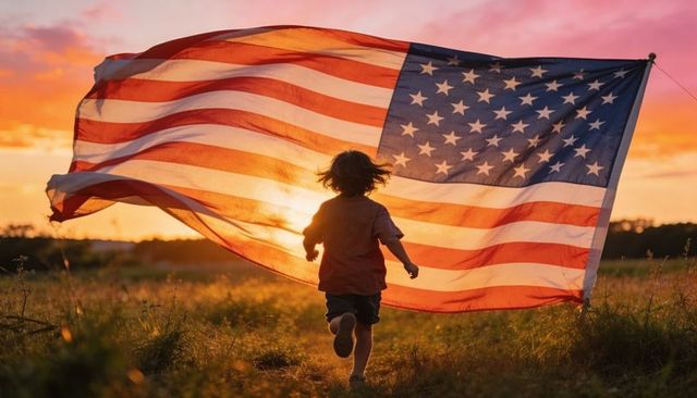 Child running through meadow at sunset holding large us flag, patriotic golden silhouette