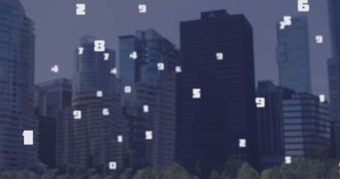 Floating Digital Numbers Over Modern Cityscape