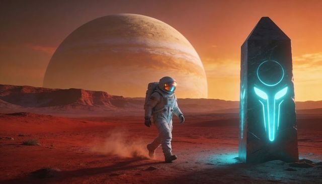 Astronaut walking toward glowing monolith with cyan glyph on red plain under giant planet