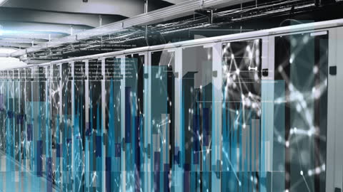 Data Processing Animation Over High-Tech Server Room