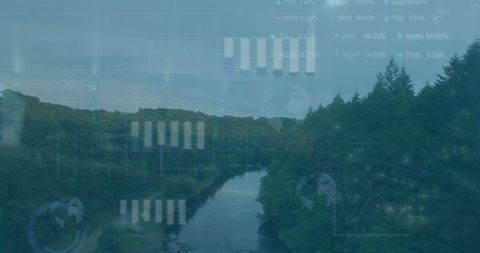 Finance Data Overlay on Serene Forest River Scene
