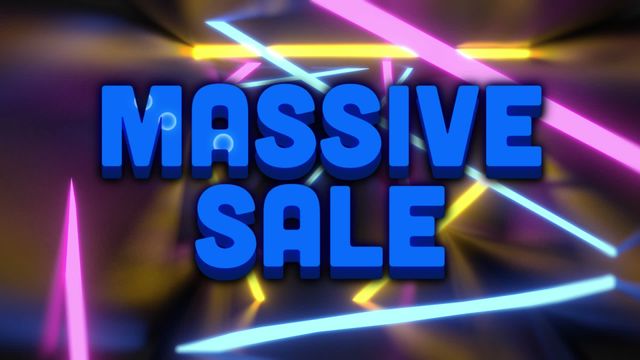 Bright and eye-catching graphic showcasing 'Massive Sale' text in bold, blue letters with dynamic, glowing neon lines in yellow, blue, and purple over black background. Perfect for marketing materials, online advertisements, and social media posts to promote discounts and special offers.