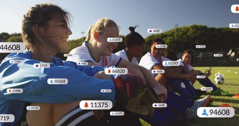 Women soccer players live streaming with floating social media badges and metrics