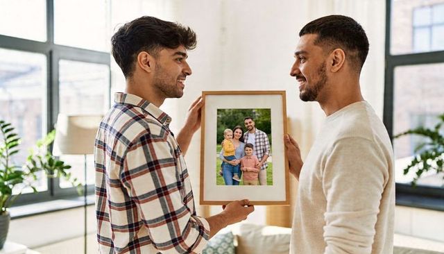 Two men holding framed family portrait smiling by sunlit industrial windows in living room