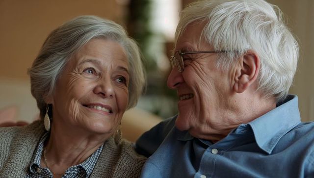Senior couple sharing warm intimate moment on living room couch, smiling and holding gaze