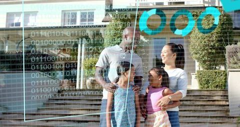 Family exploring smart home technology with digital binary overlay on townhouse steps