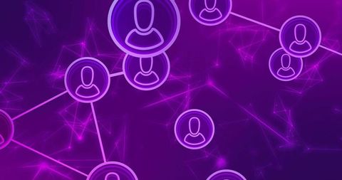 Neon purple network visualization connecting avatar nodes on digital mesh abstract dataflow