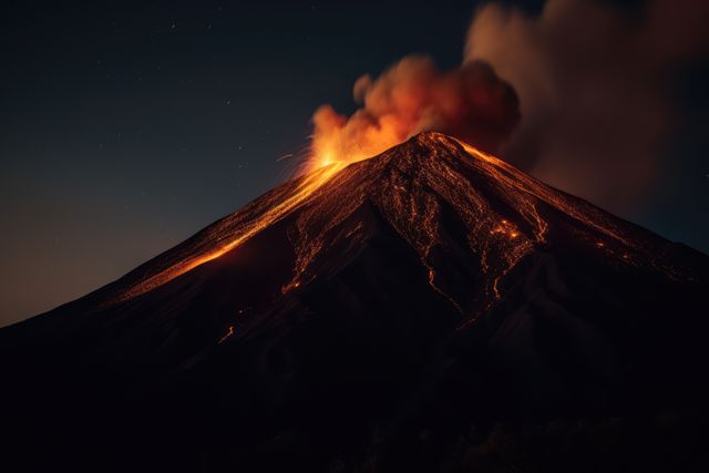 Volcano erupting at night with glowing lava and smoke billowing from the crater. Ideal for articles on natural disasters, geology studies, and dramatic landscape photography enthusiasts.