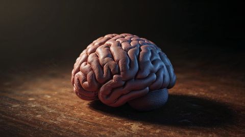 Realistic human brain model on wooden table in dim lighting