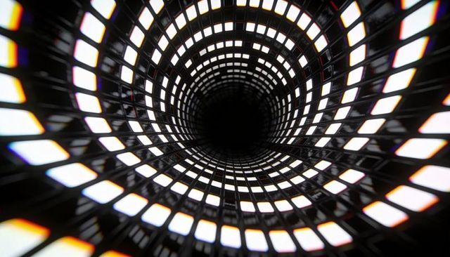 Futuristic LED Lattice Tunnel Spiraling into Void with Concentric Rings and Reflections